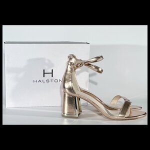 Halston Rose Gold Metallic Ankle Strap Block Heel Dress Sandals Size 11M NIB